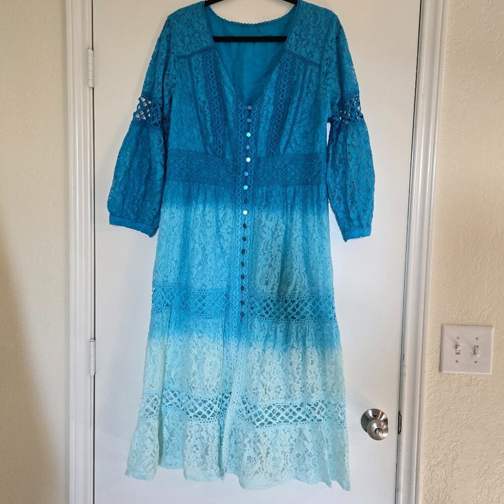 Tie Dye Lace and Crochet Long Sleeve Dress